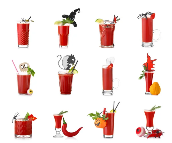 Glasses Tasty Bloody Mary Cocktail Decorated Halloween White Background — Stock Photo, Image