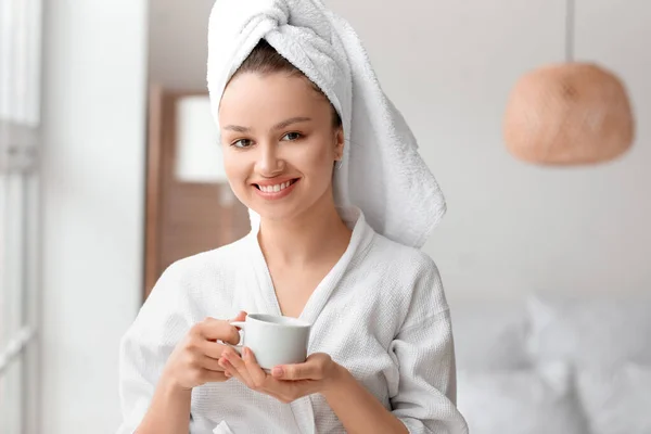 Young Woman Cup Coffee Home — Stock Photo, Image