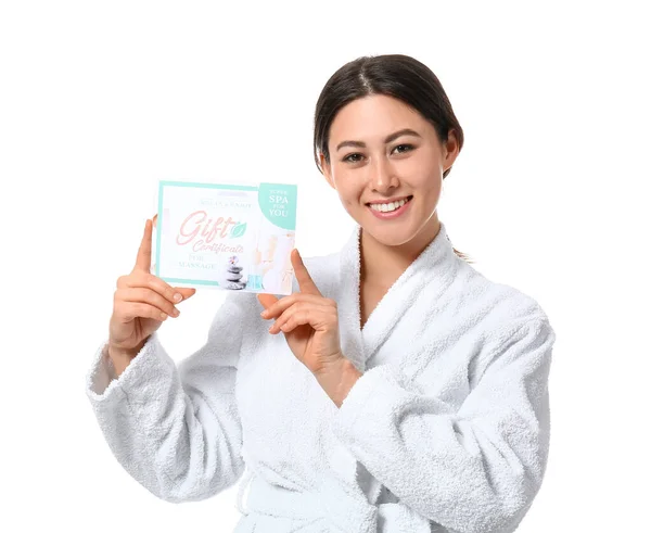 Young Asian Woman Gift Certificate Massage White Background — Stock Photo, Image