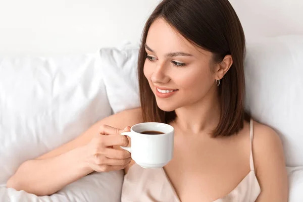 Young Woman Drinking Coffee Bedroom — Stock Photo, Image