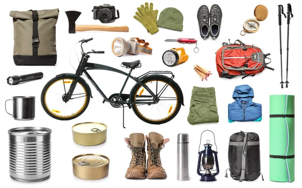 Kit Senderismo Con Bicicleta Sobre Fondo Blanco —  Fotos de Stock