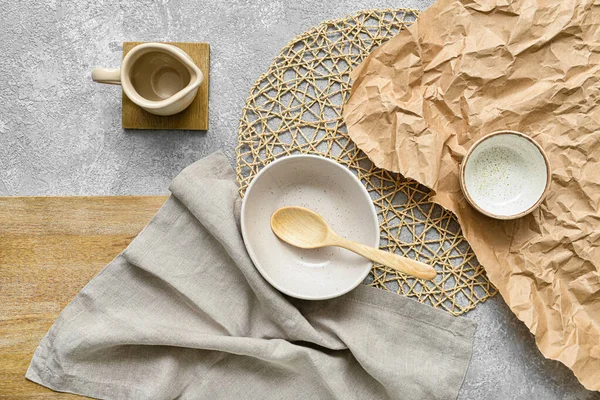 Different Tableware Napkin Grey Background — Stock Photo, Image