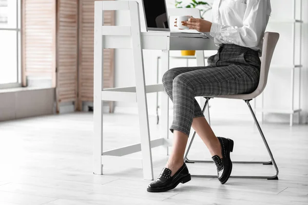 Stylish Young Woman Cup Coffee Office — Stock Photo, Image