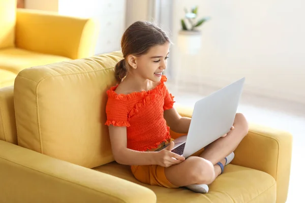 Cute Girl Watching Cartoons Home — Stock Photo, Image