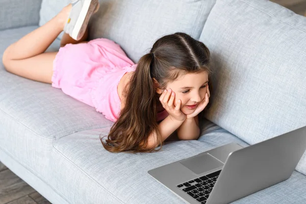 Cute Girl Watching Cartoons Home — Stock Photo, Image