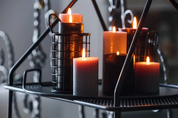 Tray Beautiful Burning Candles Shelf Closeup — Stock Photo, Image
