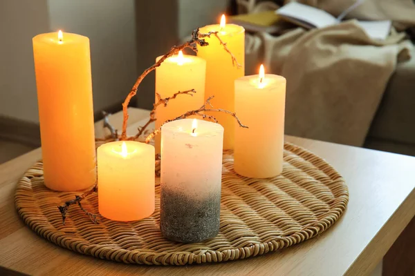 Burning Candles Wooden Table Living Room Closeup — Stock Photo, Image