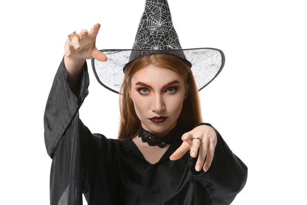 Belle Femme Habillée Sorcière Pour Halloween Sur Fond Blanc — Photo