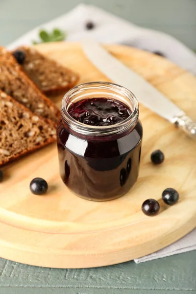 Jar Delicious Black Currant Jam Wooden Board — Stock Photo, Image