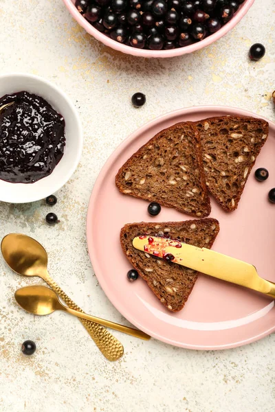 Wholegrain Bread Plate Delicious Black Currant Jam Light Table — Stock Photo, Image