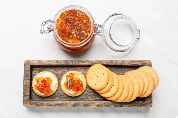 Delicious Jalapeno Pepper Jam Jar Wooden Board Crackers White Background — Stock Photo, Image