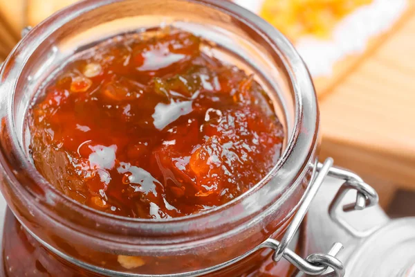 Jar Delicious Jalapeno Pepper Jam Closeup — Stock Photo, Image