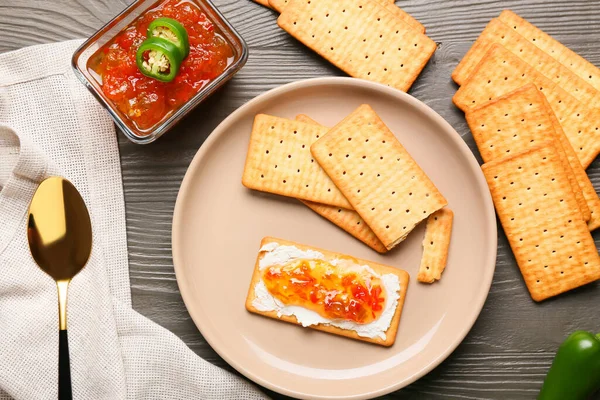 Delicious Crackers Cottage Cheese Jalapeno Pepper Jam Plate Grey Wooden — Stock Photo, Image