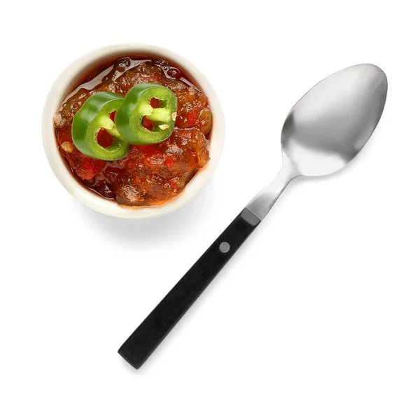 Bowl Delicious Jalapeno Pepper Jam Spoon White Background — Stock Photo, Image