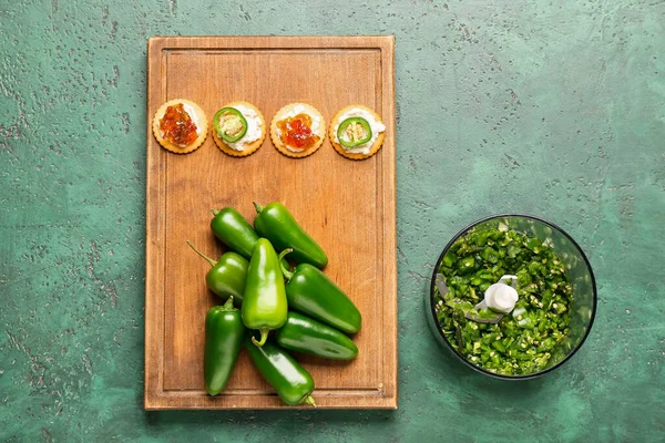 Licuadora Ingredientes Para Deliciosa Mermelada Chile Jalapeño Sobre Fondo Color — Foto de Stock
