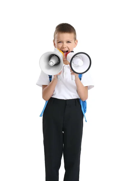 Anak Sekolah Yang Lucu Dengan Megafon Pada Latar Belakang Putih — Stok Foto