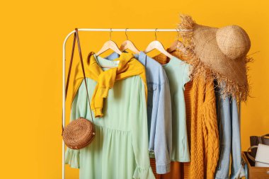 Renkli arka planda şık kıyafetler ve aksesuarlarla dizin