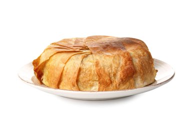 Beyaz arkaplanda lezzetli Shah Pilaf tabağı