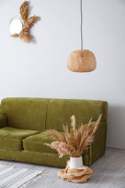 Kanepesi ve kuru kamışları olan modern bir oda.