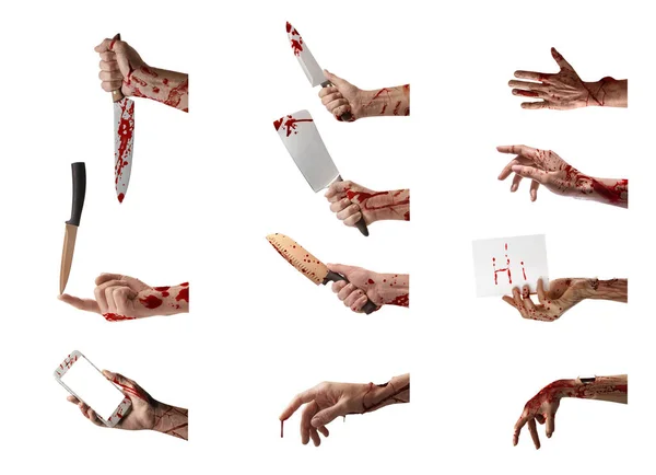 Conjunto Mãos Humanas Cobertas Sangue Sobre Fundo Branco Celebração Halloween — Fotografia de Stock