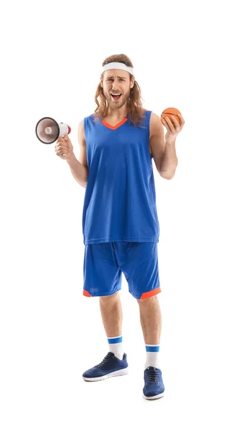 Pria Cheerleader Dengan Bola Dan Megaphone Latar Belakang Putih — Stok Foto