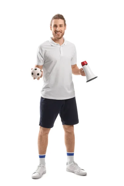 白い背景にボールとメガホンを持つスポーツファン — ストック写真