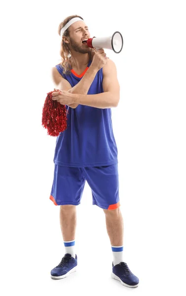 Pria Cheerleader Dengan Megaphone Pada Latar Belakang Putih — Stok Foto