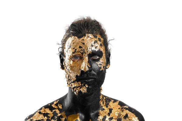 Handsome Young Man Black Golden Paint Body White Background — 스톡 사진