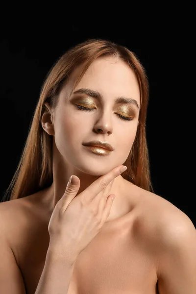 Beautiful Young Woman Golden Makeup Black Background — Stock Photo, Image