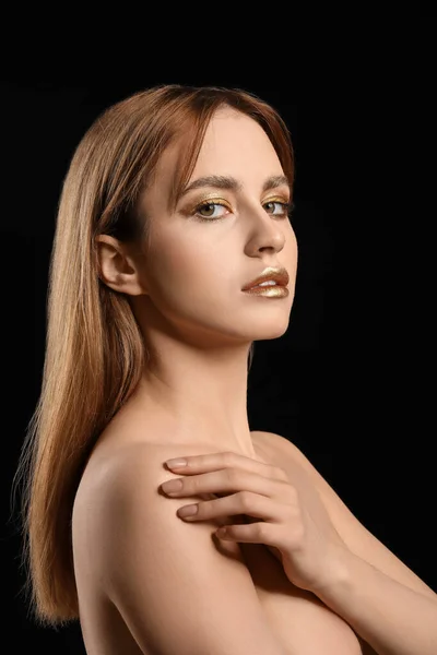 Beautiful Young Woman Golden Makeup Black Background — Stock Photo, Image