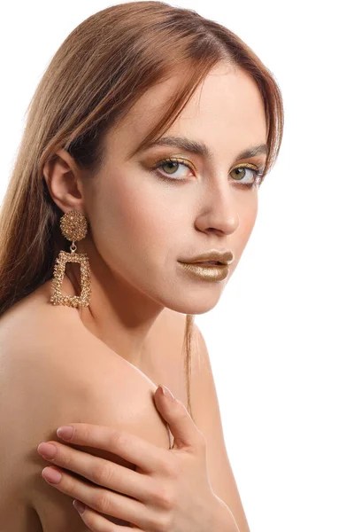 Mooie Jonge Vrouw Met Gouden Make Witte Achtergrond — Stockfoto