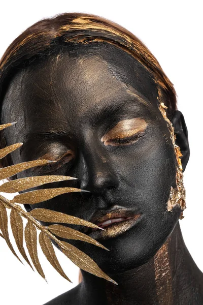 Beautiful Young Woman Black Golden Paint Her Body Tropical Leaf — Stock Photo, Image