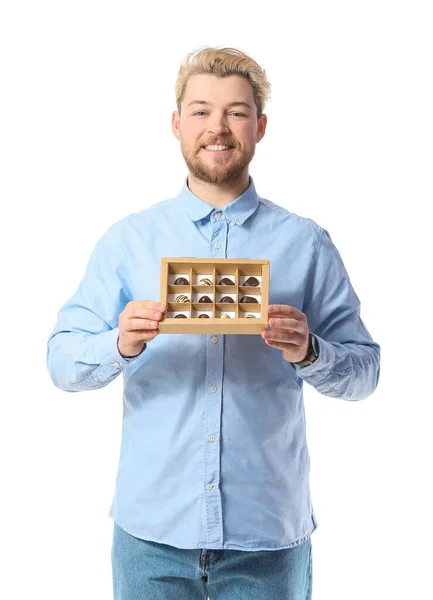 Handsome Young Man Box Chocolate Candies White Background — Stock Photo, Image