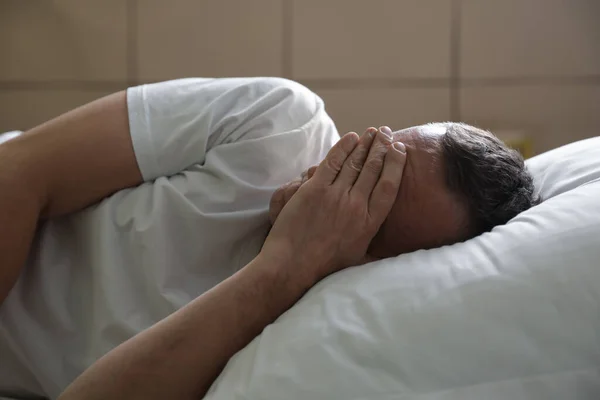 Depressed Mature Man Lying Bed — Stock Photo, Image