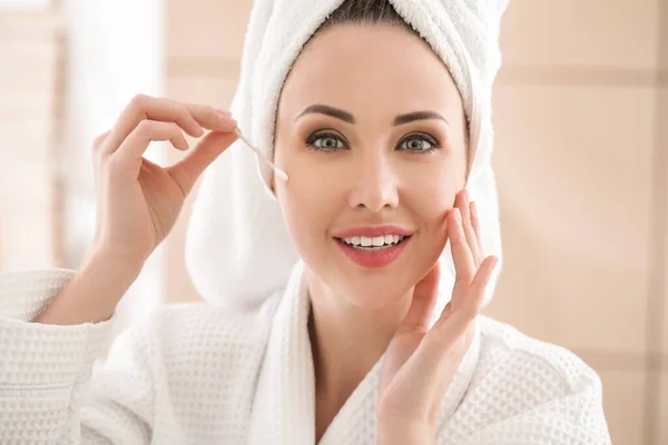 Beautiful Young Woman Cotton Bud Bathroom — Stock Photo, Image