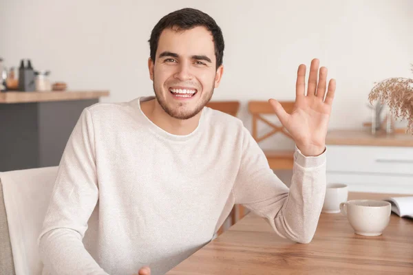 Young Man Video Chatting Kitchen — Stock Photo, Image