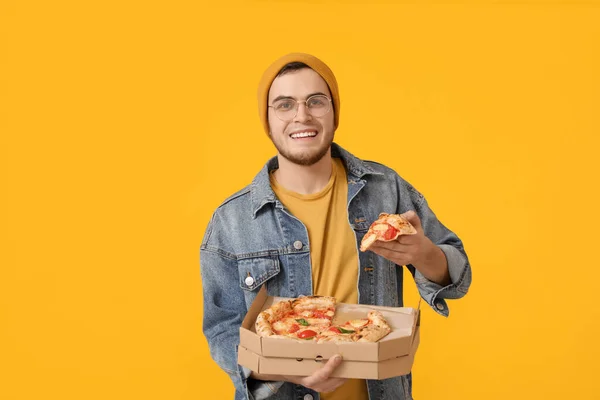 Handsome Young Man Tasty Pizza Color Background — Stock Photo, Image