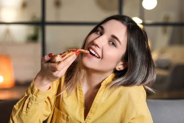 Beautiful Young Woman Eating Tasty Pizza Home Evening — Stock Photo, Image