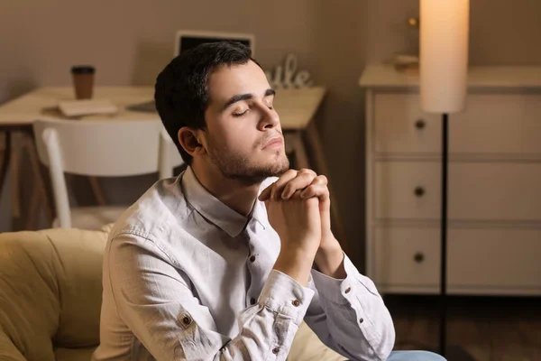 Young Man Praying Home Evening — Stock Photo, Image