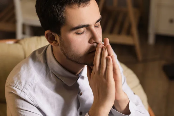 Young Man Praying Home Evening — Stock Photo, Image