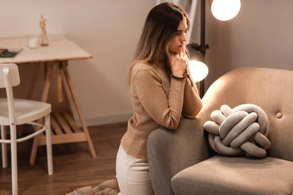 Religious Young Woman Praying God Home Evening — Stock Photo, Image