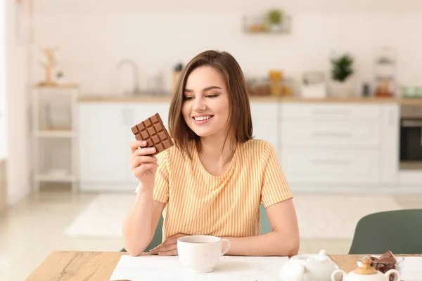 Beautiful Young Woman Tasty Chocolate Kitchen — Stock Photo, Image