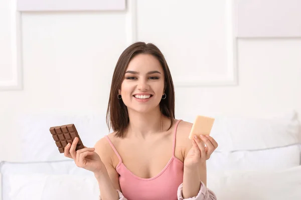 Beautiful Young Woman Tasty Chocolate Home — Stock Photo, Image