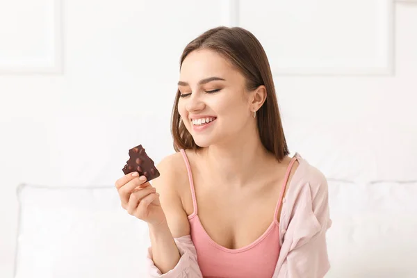 Beautiful Young Woman Tasty Chocolate Home — Stock Photo, Image
