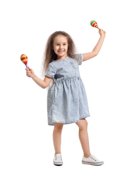 Cute Mexican Girl Maracas White Background — Stock Photo, Image