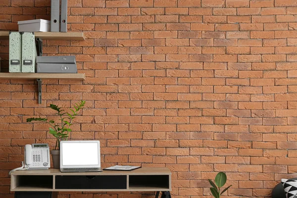 Modern Workplace Laptop Brick Wall — Stock Photo, Image