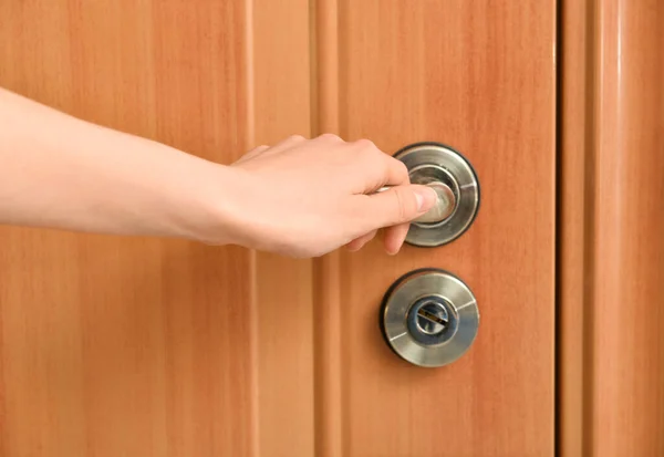 Woman Opening Door Room Closeup — Stock Photo, Image