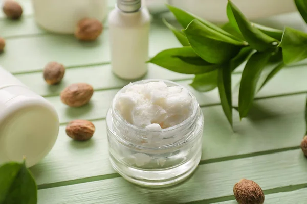 Jar Shea Butter Color Wooden Background — Stock Photo, Image