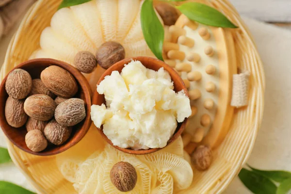 Basket Shea Butter Nuts Bath Supplies Table Closeup — Stock Photo, Image