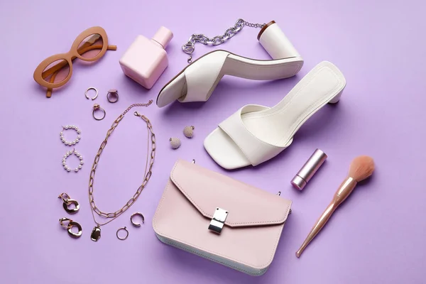 Set Female Accessories Shoes Color Background — Stock Photo, Image